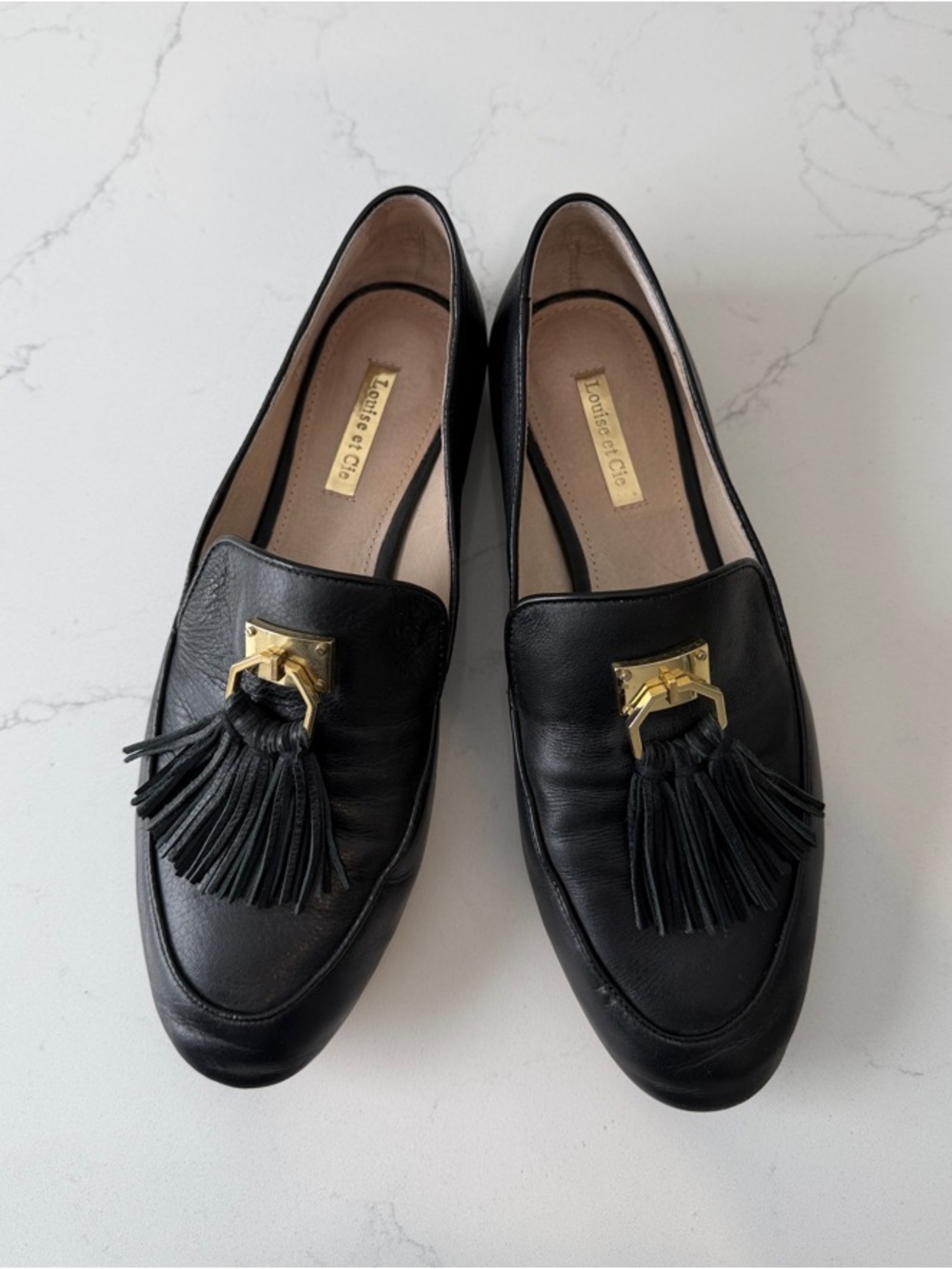 Louise et Cie Black Leather Tassel Loafers with Gold Accent